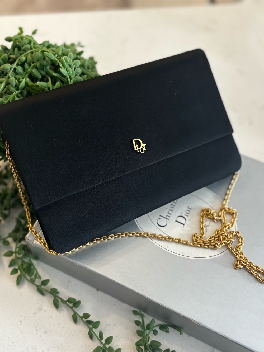 Dior Black Satin Crossbody Wallet with Gold Chain